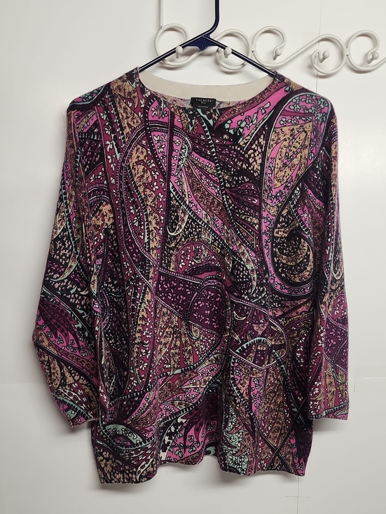 Talbots Tops - Talbots Petite XL Pure Cashmere SOFT Paisley Pullover - Pink Black Cream Accents